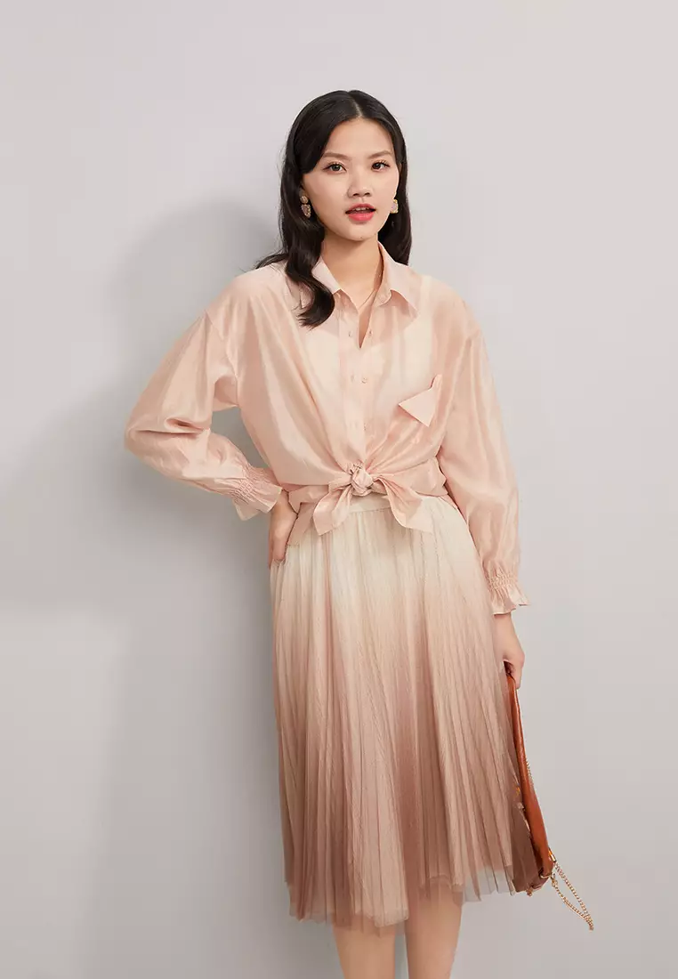 Cropped Button Blouse with Waist Tie