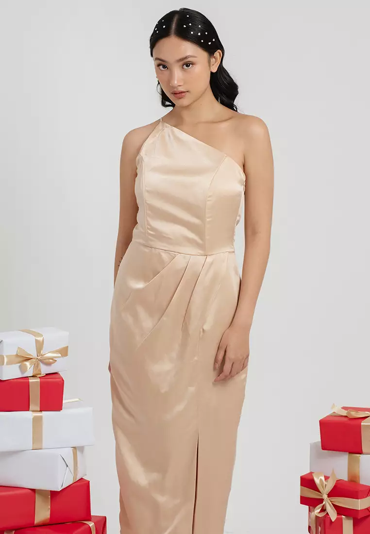 Pleated Waist One Shoulder Dress in Gold
