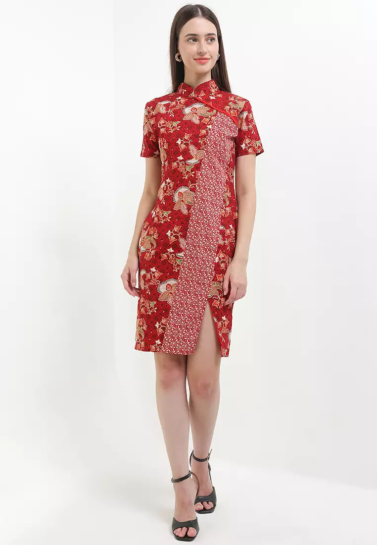 Dress Batik Wanita Furing Rui Merah Maroon Lengan Pendek Natal Imlek Cheongsam Bodyfit
