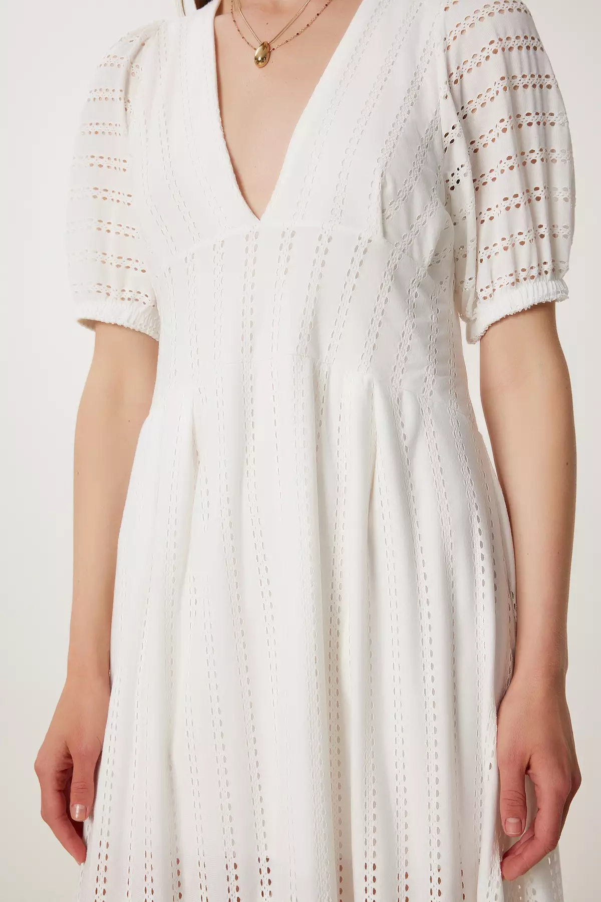 Women's Ecru Openwork Summer Midi Knitted Dress Tp00050