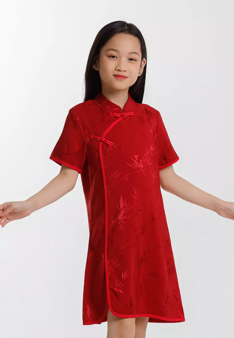 Forest Girls CNY Cheongsam Jacquard Short Sleeve Dress - FK885088-50DarkRed
