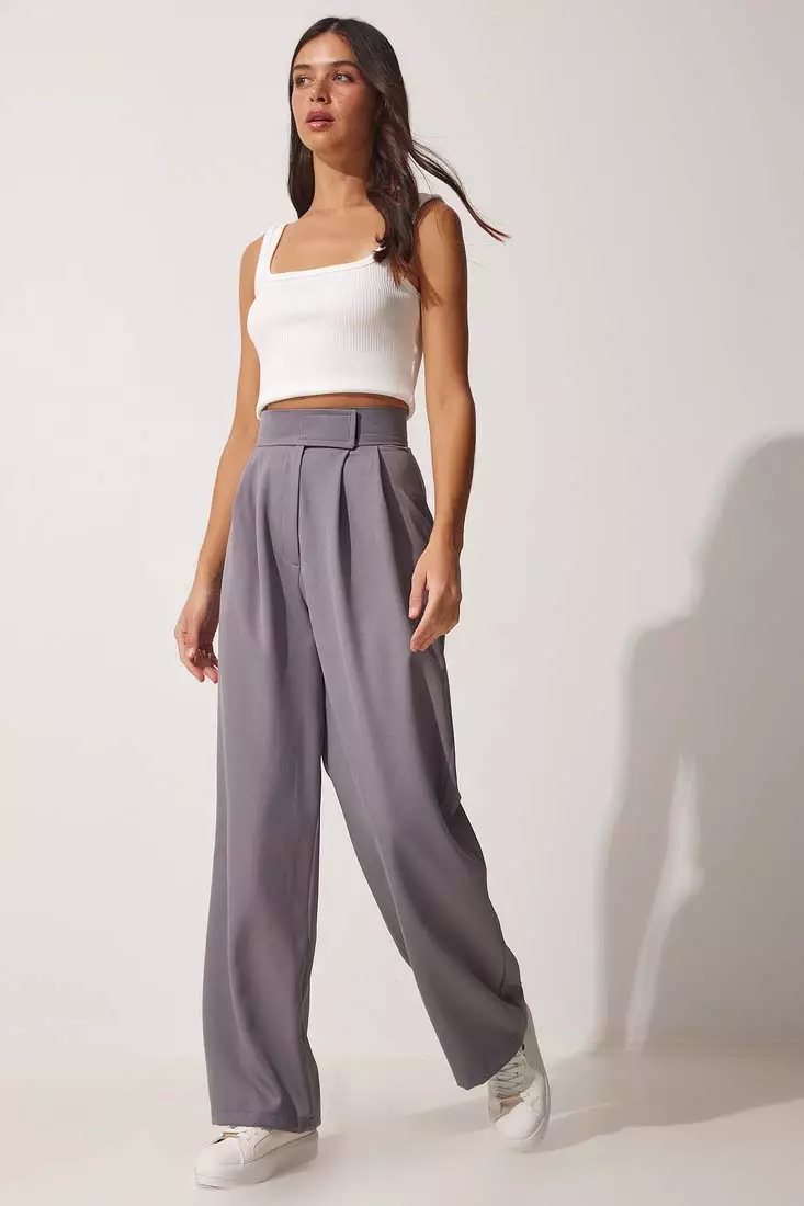 Buy Happiness Istanbul High Waist Pleated Pants in Smoked 2024