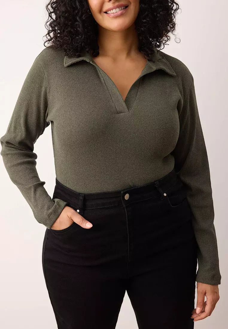 Khaki Body Fitting Ribbed Shirt Collar Snap Fastener Knitted Body Tbbaw23Cs00007