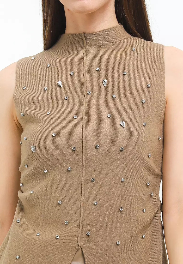 Side Gathered Mock Neck Knit Tank Top W/ Rhinestone