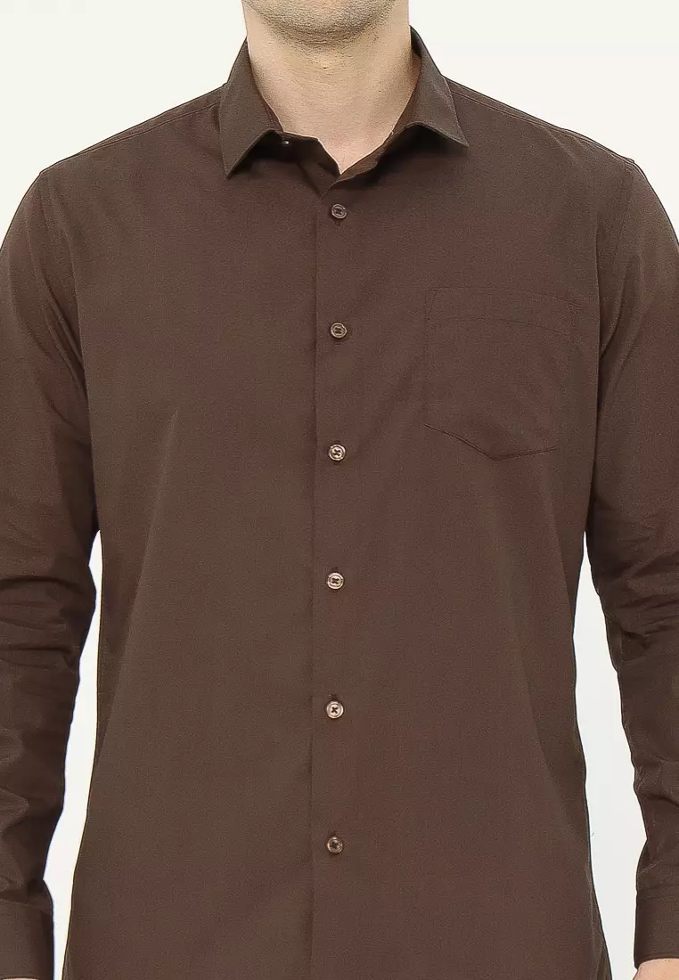 MAGINOT Kemeja Pria Basic Polos Panjang DARK CHOCOLATE