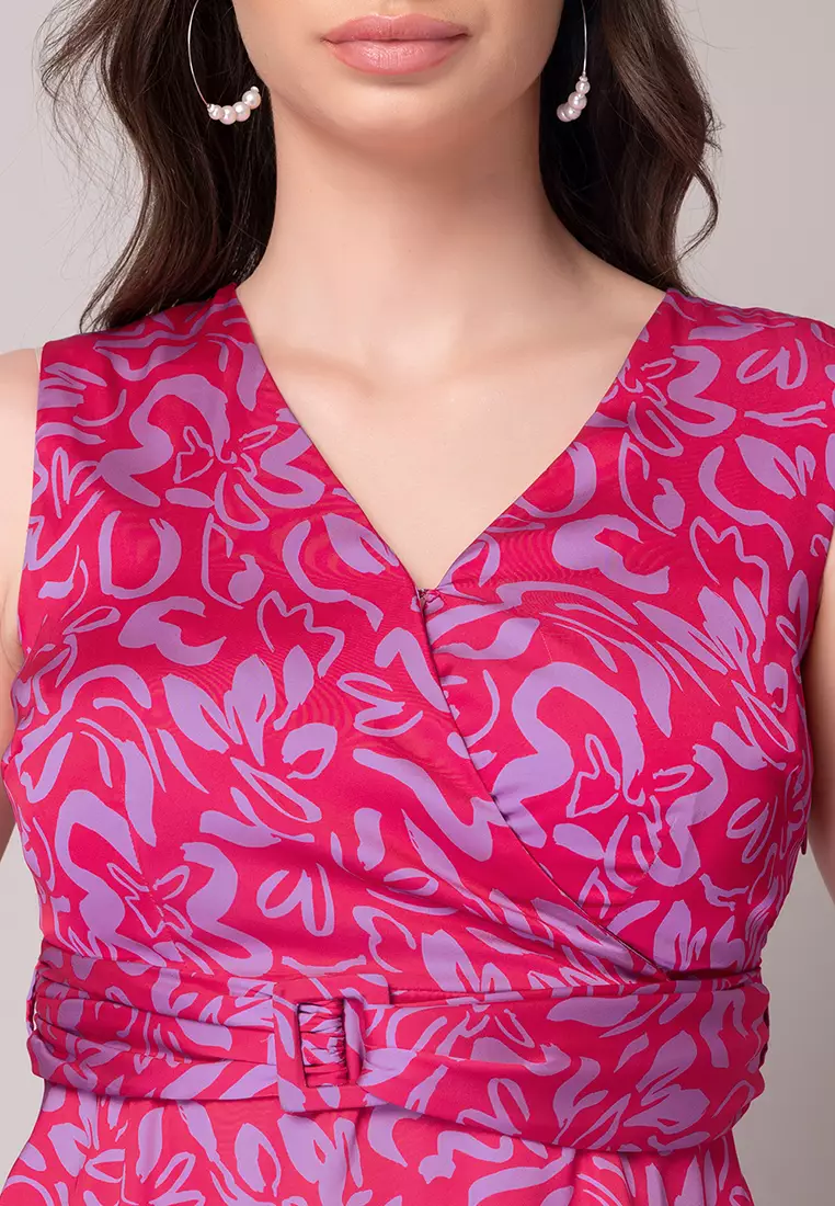 Pink Abstract Print Wrap Peplum Top