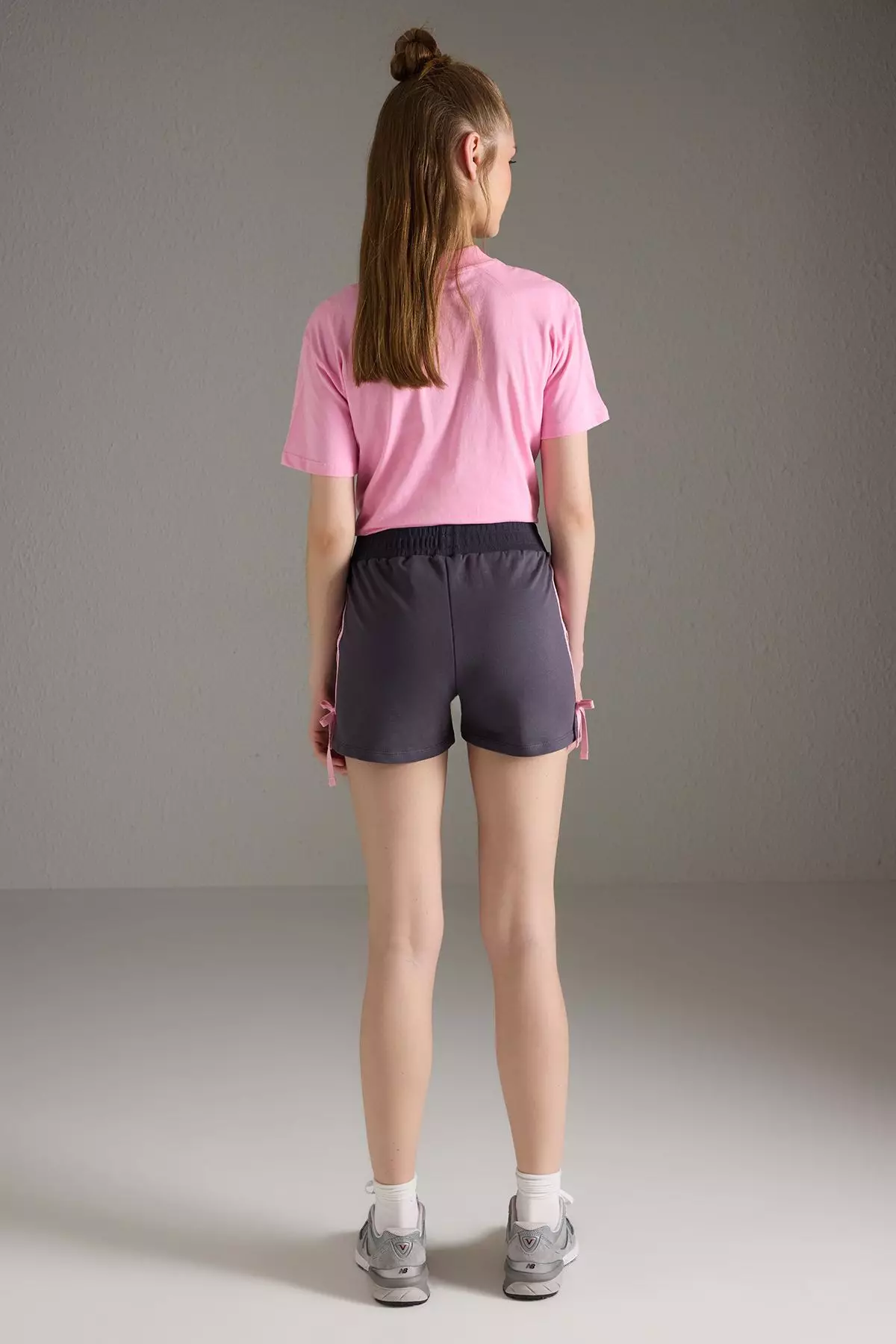 Anthracite Contrast Stripe and Bow Detail Short Stretch Knitting Shorts & Bermudas TWOSS25SR00188