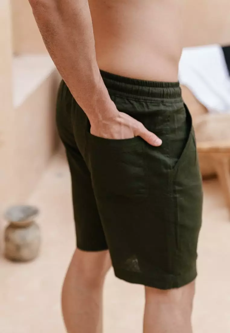 Palm Tree Celana Pendek Linen Pria Army Hijau | Linen Short Pants Men Green Army