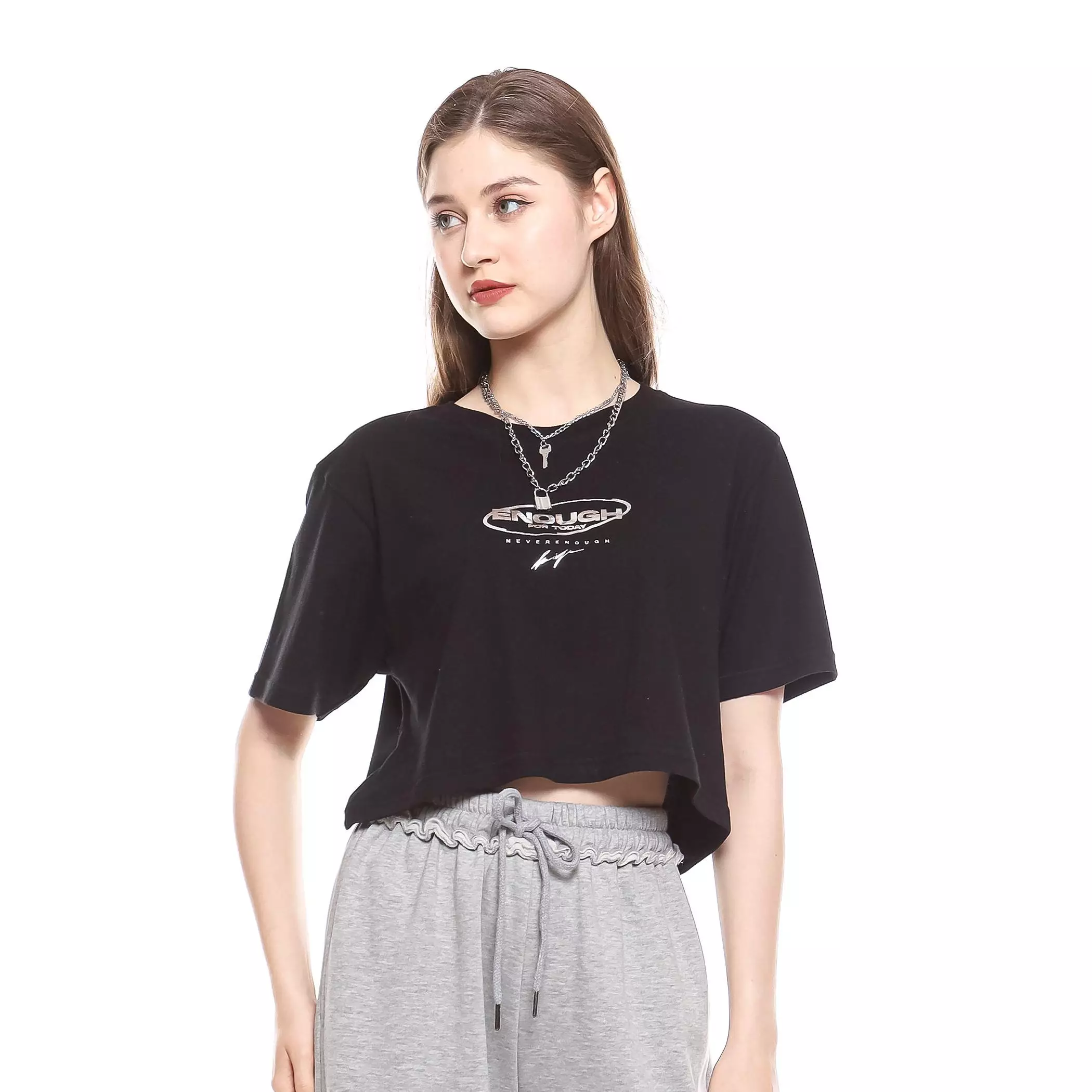 Enough For Today – Kaos Crop Oversize Wanita Hitam Y2K Silverykuiy | T-Shirt Foil Silver Cotton Combed 30s