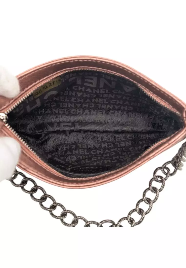 Pre-Loved Chanel Embossed Metallic Lambskin Camellia Chain Pochette