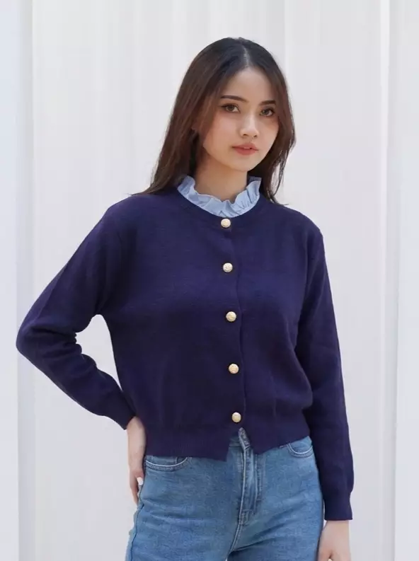 Adela Ruffle Trim Cardigan in Navy