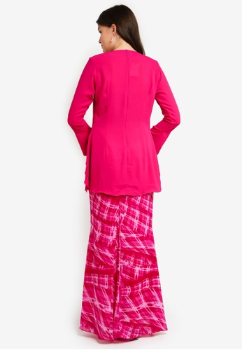 Buy Midi Kurung Chiffon Peplum Kebaya Pleated w Layered Ruffle from Zuco Fashion in Pink at Zalora