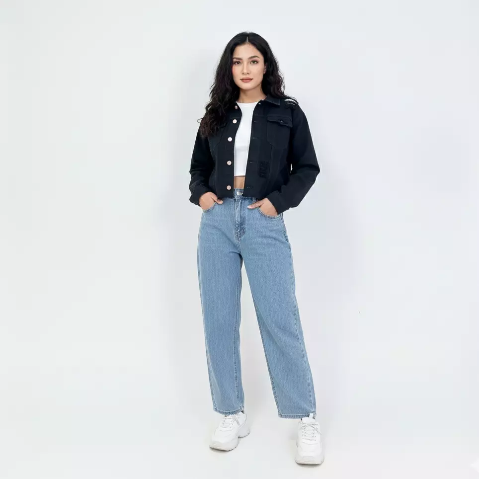 Jaket Jeans Wanita Cropped Edge HITAM