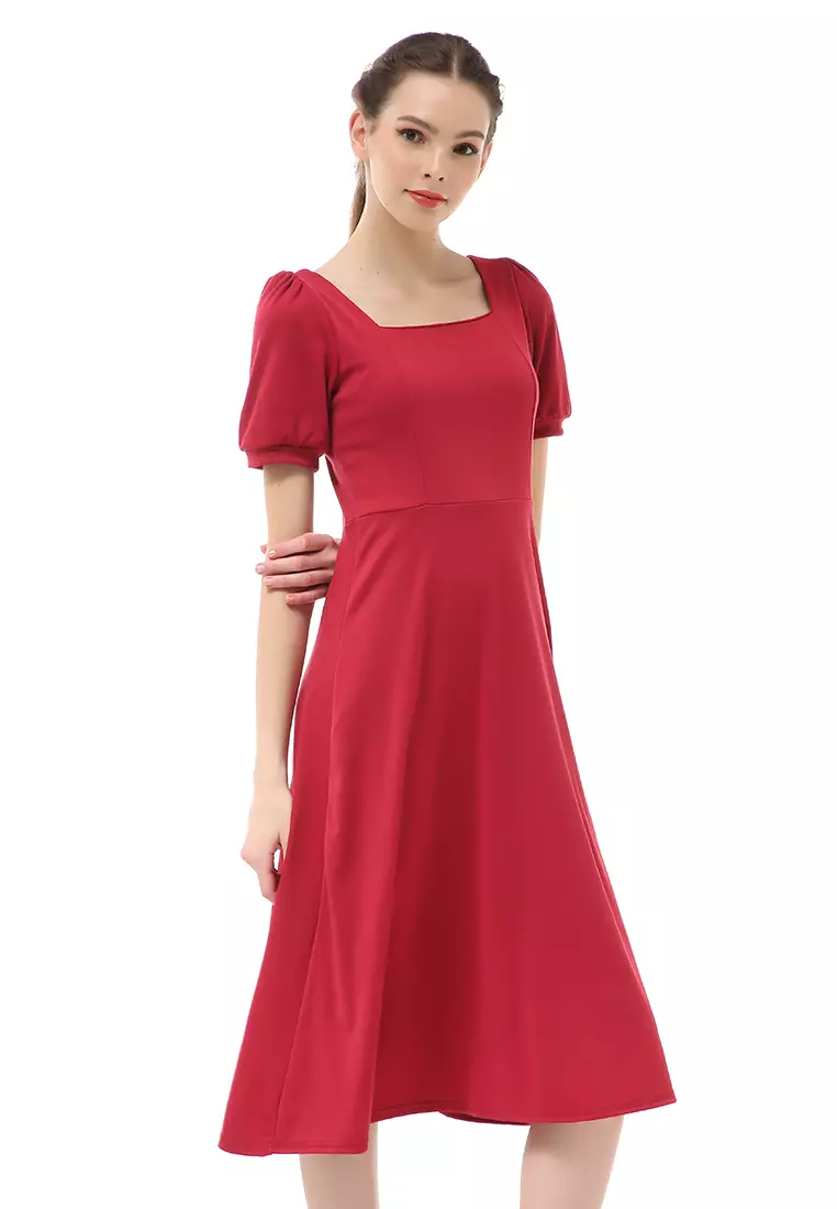 Rachel Long Dress Wanita Lengan Pendek Motif Polos Material Cotton ORIGINAL - Red