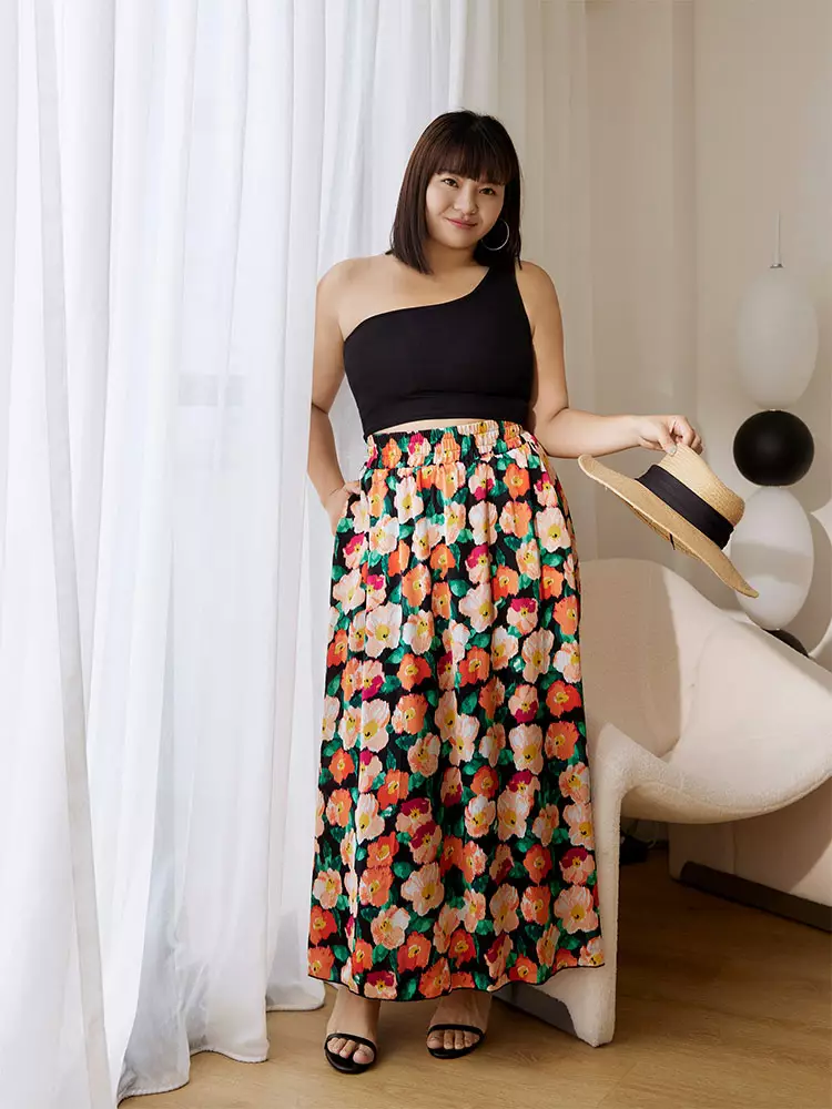 Satin pleated print flared skirt [CA2952]