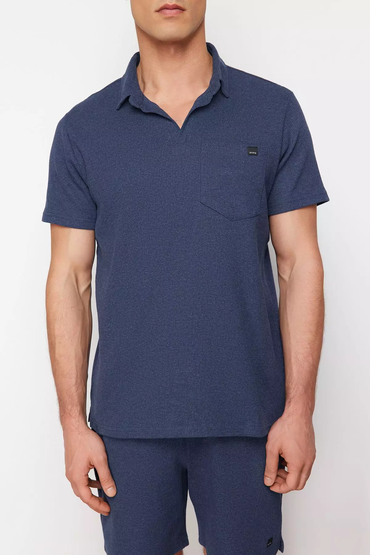 Indigo Regular Cut Textured Fabric Labeled Polo Collar Tracksuit Set TMNSS23EM00003