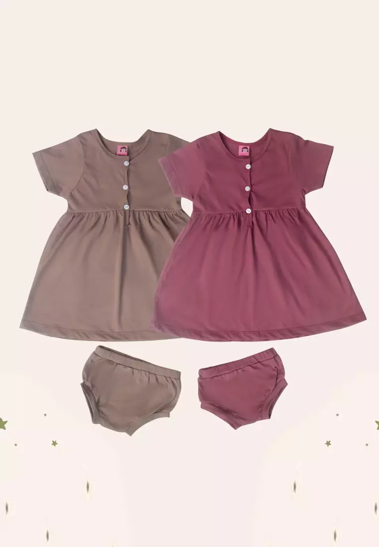 Two Mix Short Sleeve Dress - Dress Anak Perempuan Bahan Katun Combed 4219 Brown
