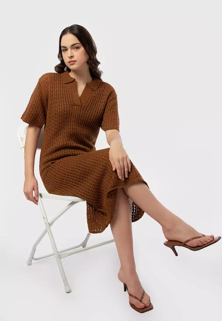 V-Neck Short Sleeve Midi Dress BROWN