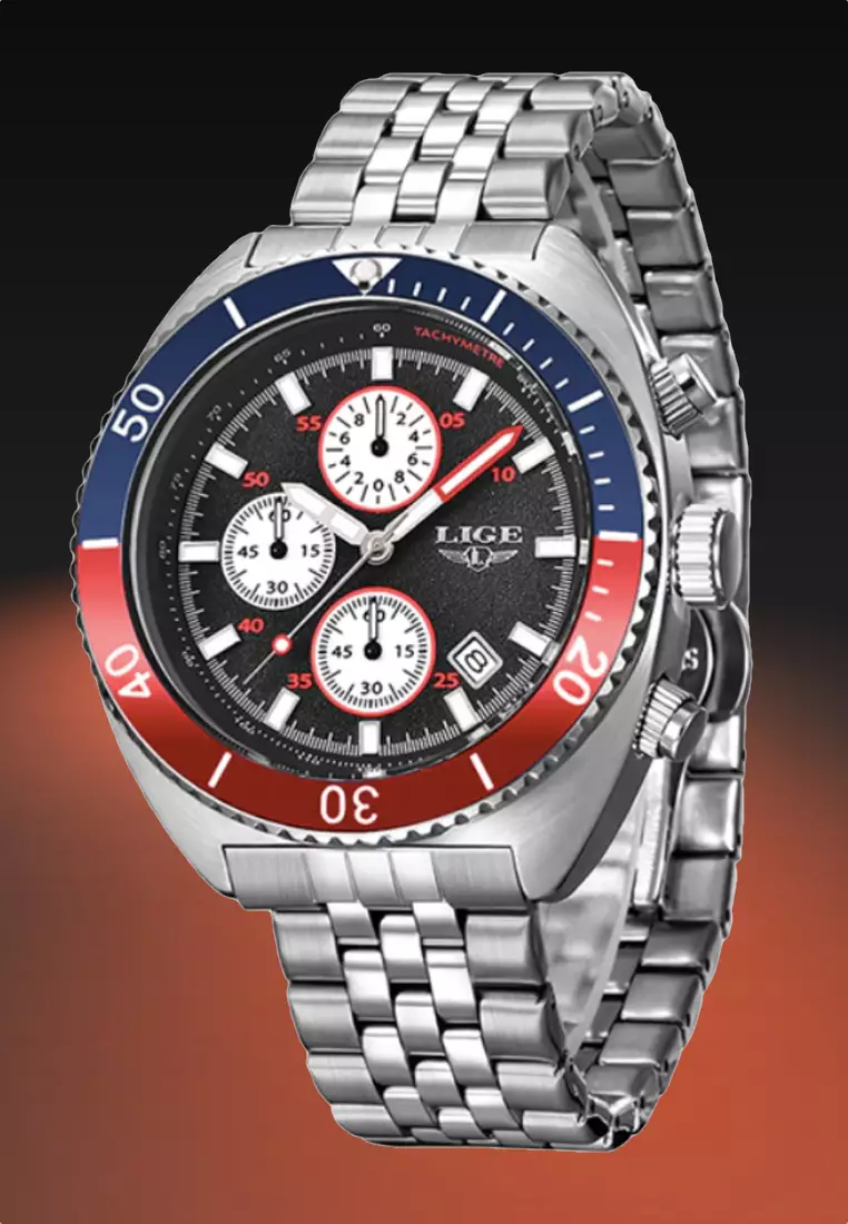 Unisex Chronograph Diver's Stainless Steel Quartz Watch with turning Bezel on Steel Bracelet