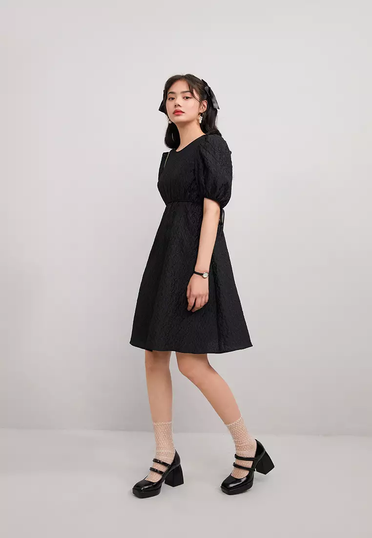 Puff Sleeve Floral Embossed Mini Dress