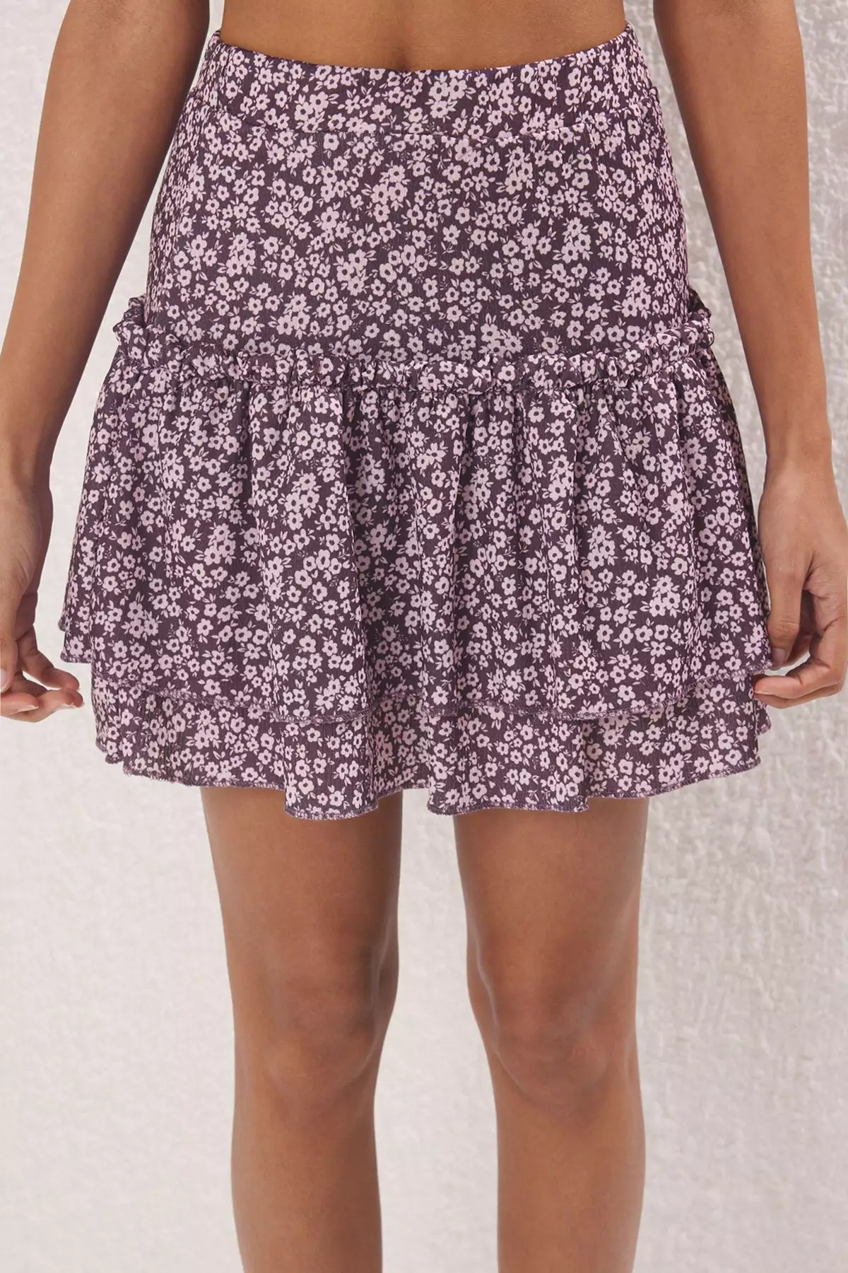 Purple Floral Printed Flounce Skirt Frilled Mini Knitted Skirt Twoss25Et00152