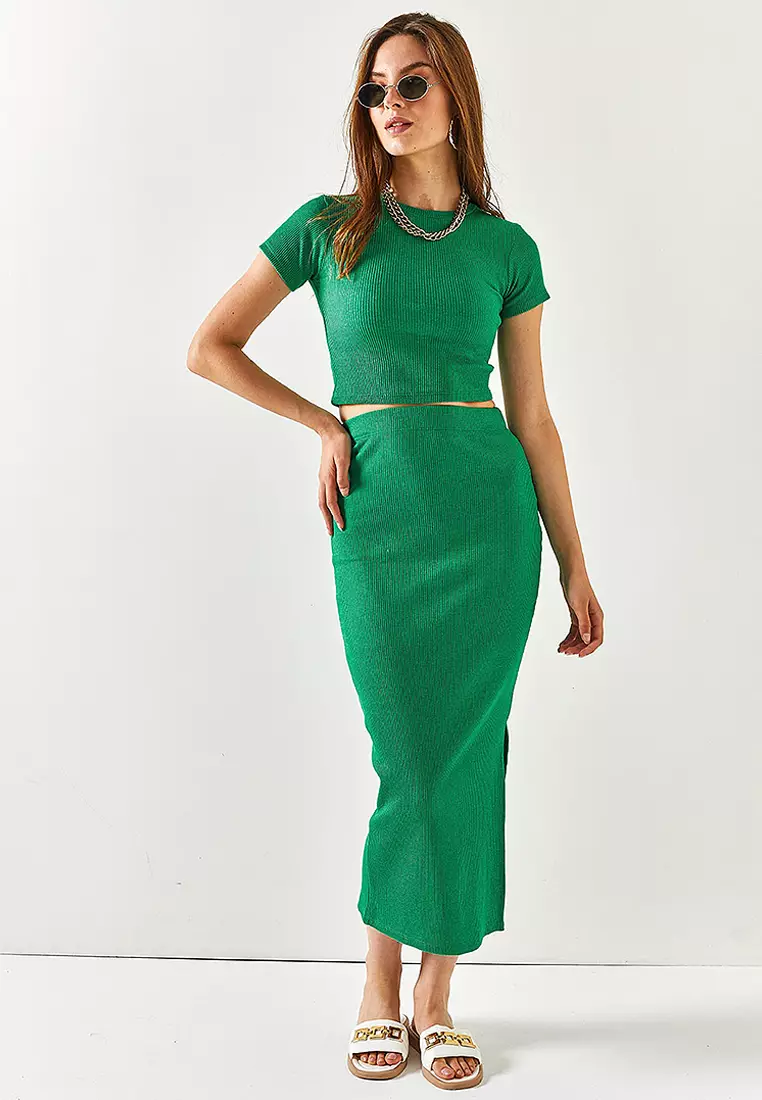 Fitted Rib Crop Top & Slit Skirt Set
