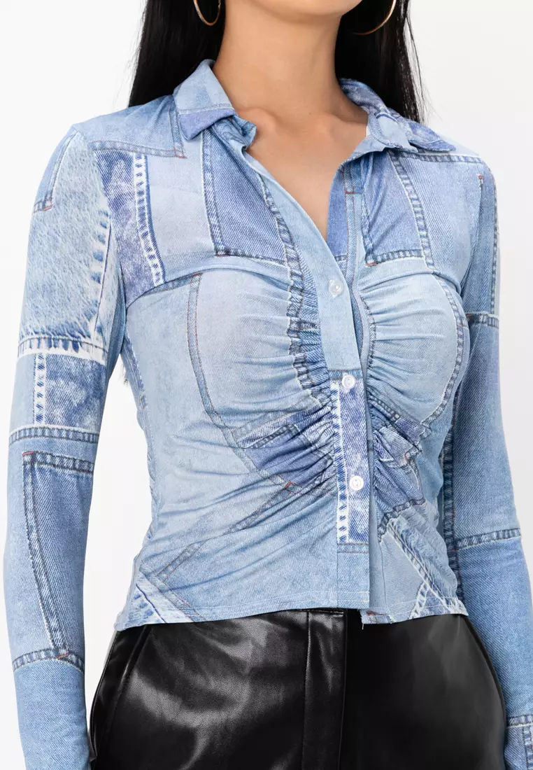 Ruched Plunge Slinky Shirt