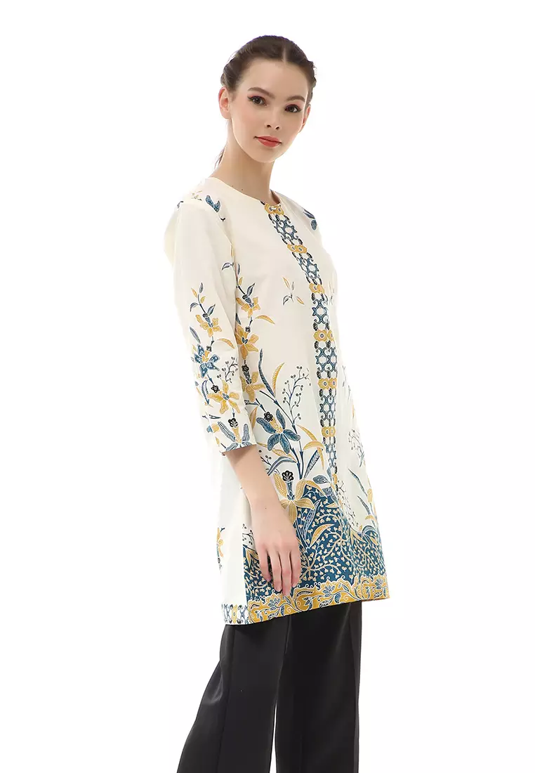 Olaf Atasan Batik Wanita Tunik Traditional Motive Simple Design Material Cotton ORIGINAL - White Blue Green