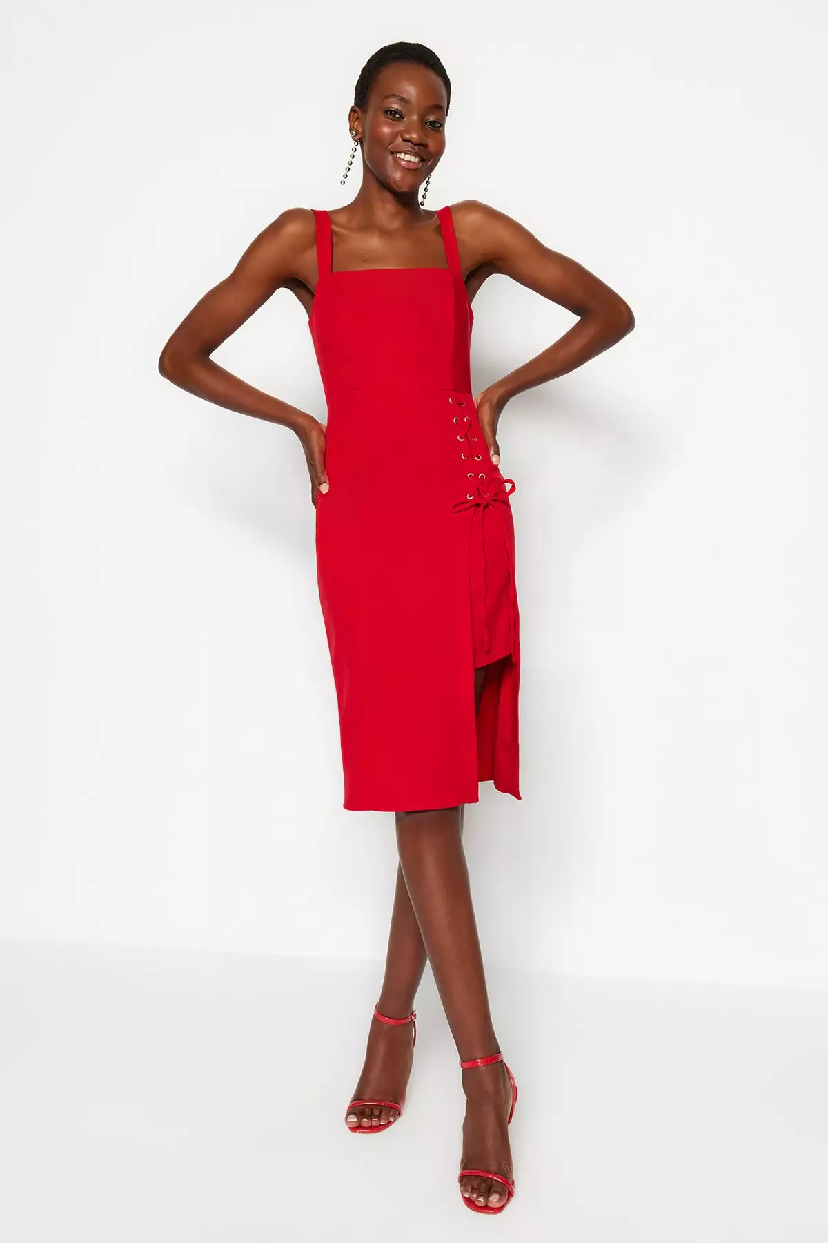 Lace up midi dress deals