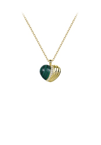 Glamorousky white 925 Sterling Silver Plated Gold Fashion Simple Heart Malachite Pendant with Cubic Zirconia and Necklace 01A95ACA6246F1GS_1