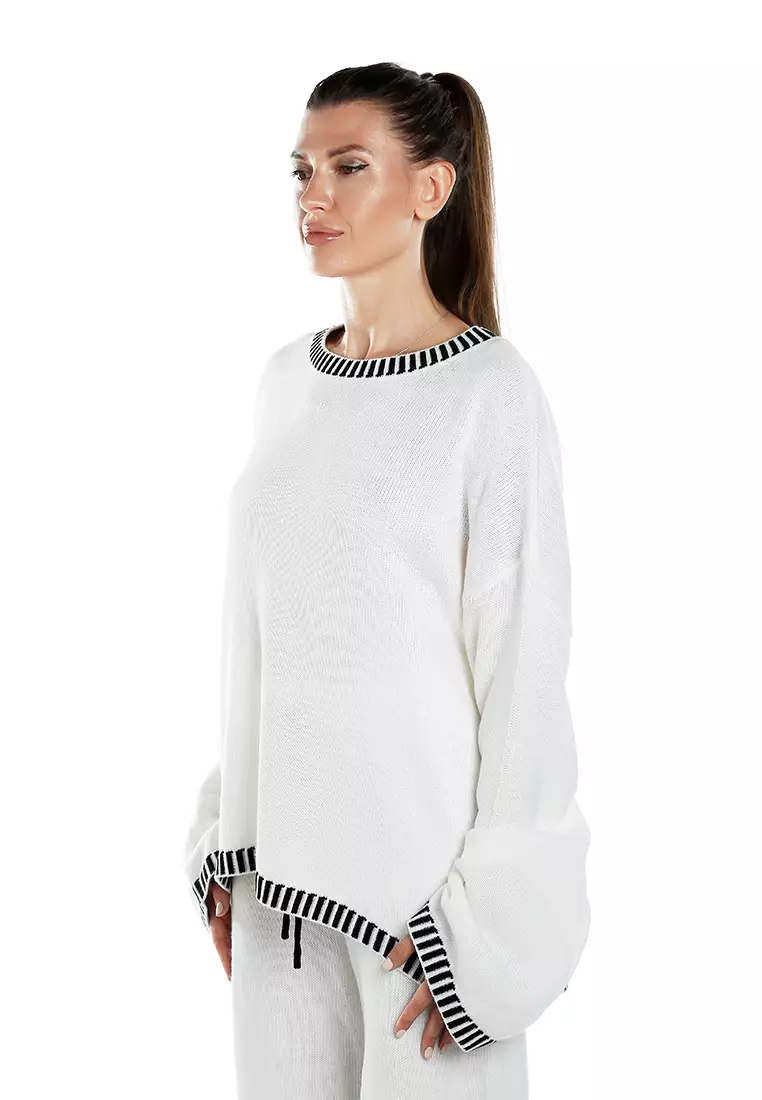 Contrast Stitch Detail Knit Sweater Jumper in Cream