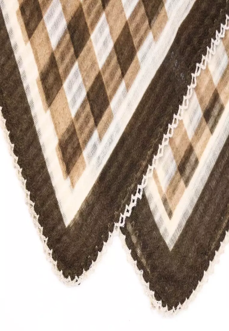 Aksesoris Wanita Checks  Print Crochet Hem Square Scarf Syal Wanita Kotak-kotak Brown & white