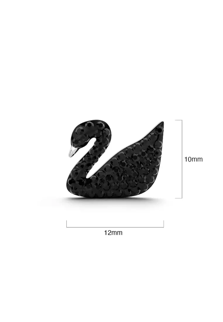 Solid 925 Sterling Silver Jet Swan Stud Earrings - Silver/Black
