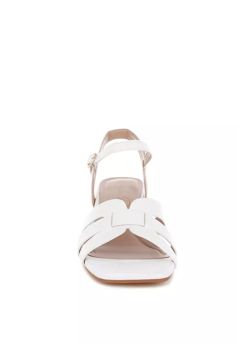 Strappy Square Toe Block Heels In White