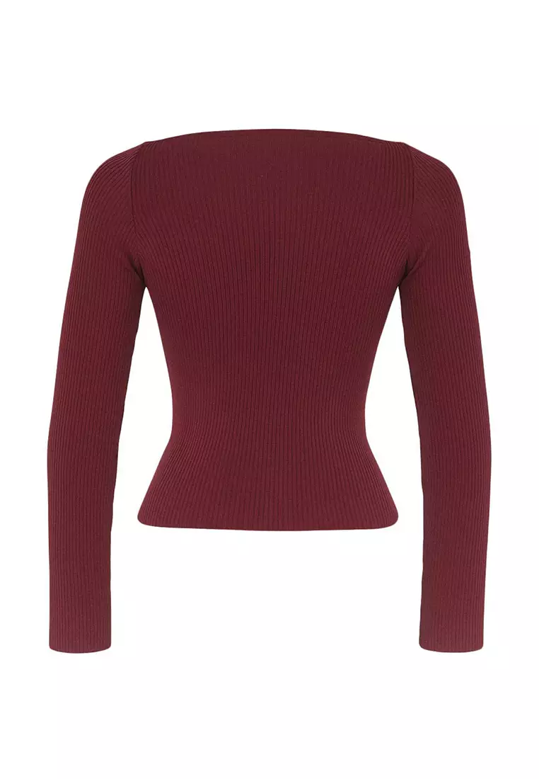 Burgundy Double Breasted Gather Detailed Knitwear Sweater