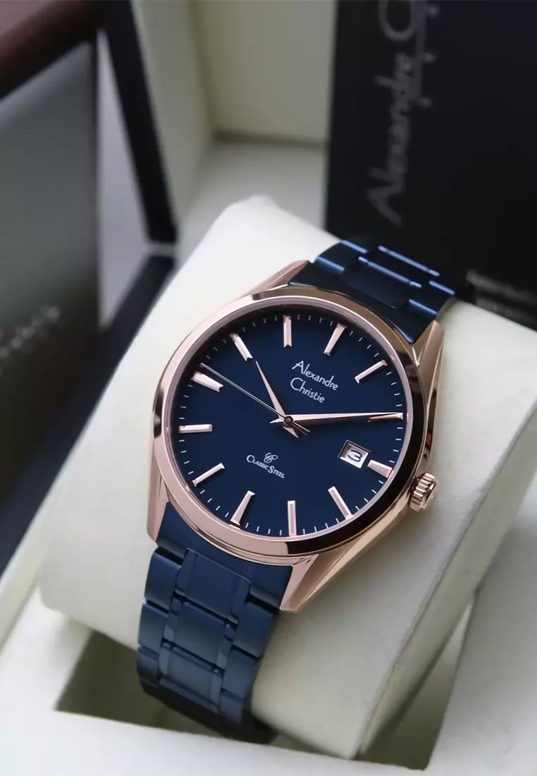 Alexandre Christie - Jam Tangan Pria - Rosegold - Blue Stainless Steel - 8681 MDBURBU
