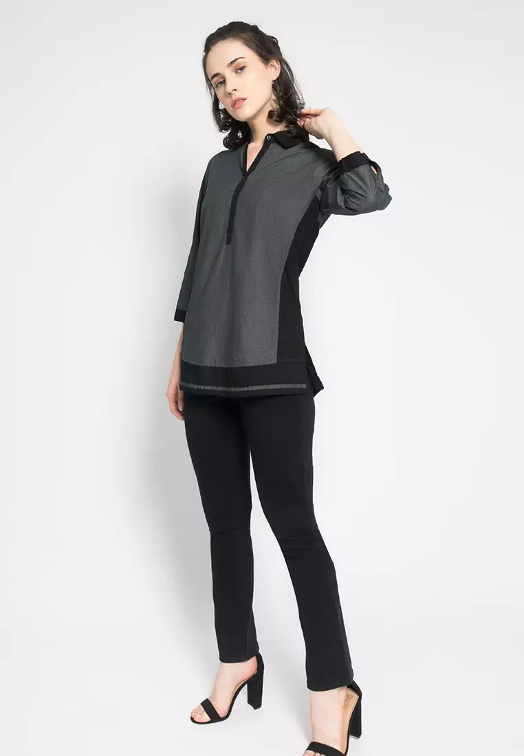 LGS - Kemeja Wanita - Lengan Panjang - Motif Polos - Warna Kombinasi Hitam - LSH.383.O1431L.629.C