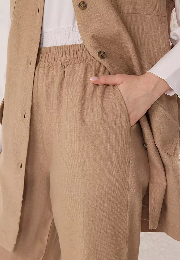 Camel Linen Look Belt Detail Vest-Pants Woven Bottom-Top Set TCTSS25US00025