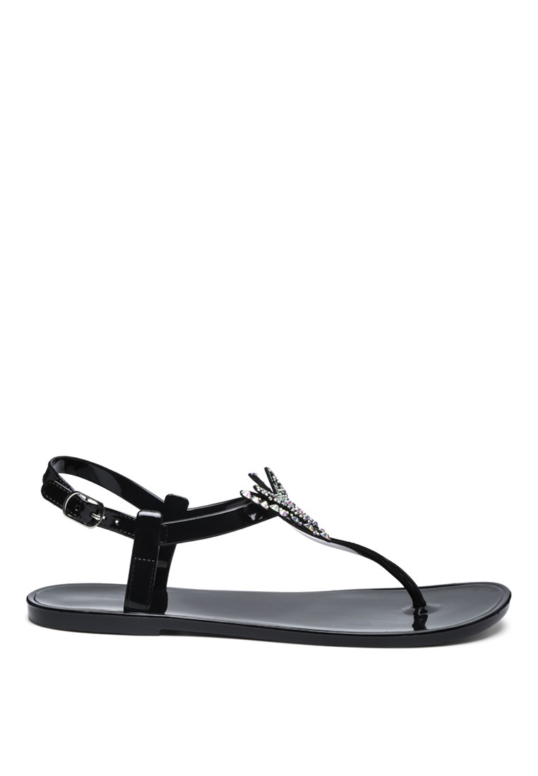 Butterfly T Strap Clear Flat Sandals in Black