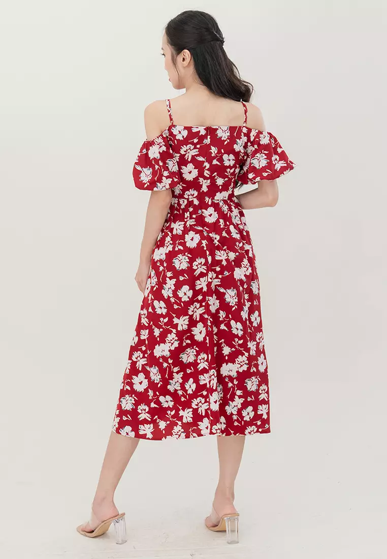 露肩花卉中长裙