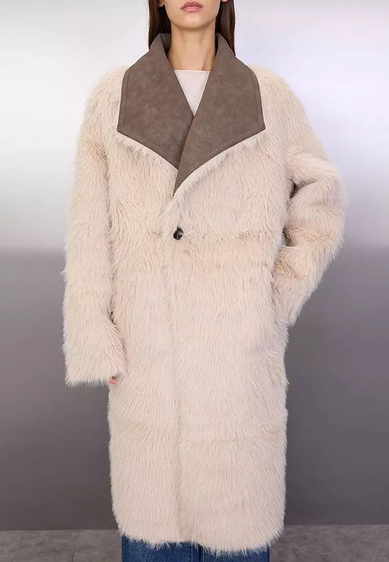Mink-Ecru Double-Sided Fur Mono Closure Oversize Long Suede Coat