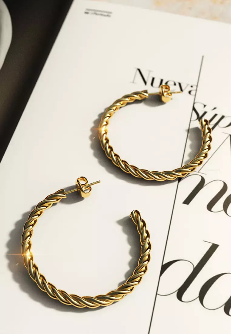 Twisted Braid C-Hoop Gold Layered Earrings 38mm