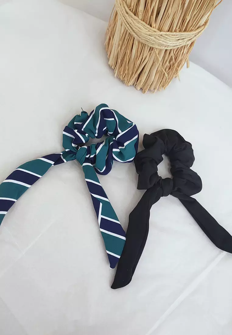 Elegant French Bow Hair Scrunchies (Bundle of 2) (Black & Ocean Wave)