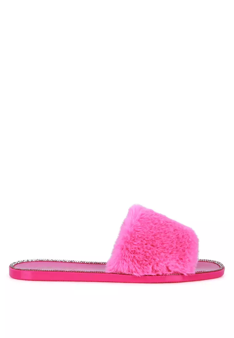 Discount on London Rag  shoes - SKU: Pink Faux Fur Diamante Detail Jelly Flats