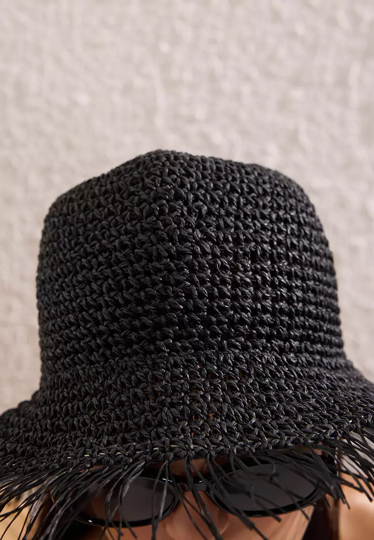 Black Tasseled Straw Women's Hat TBESS25SP00000