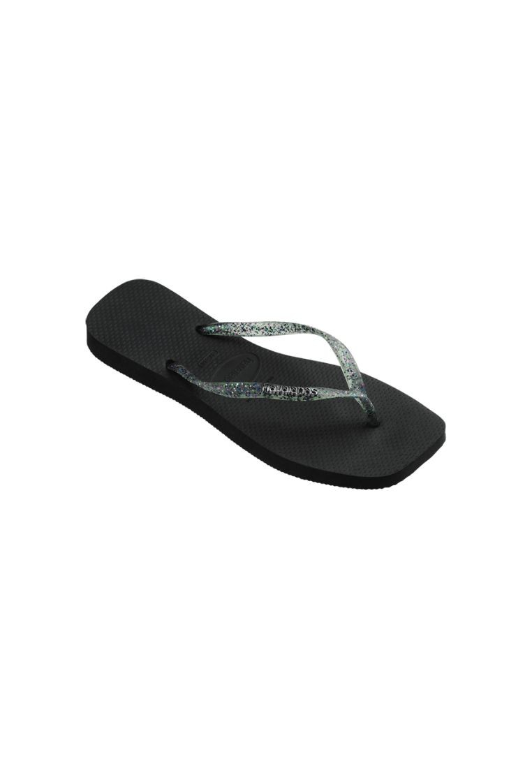 Women Slim Square Logo Metallic Flip Flops - Black