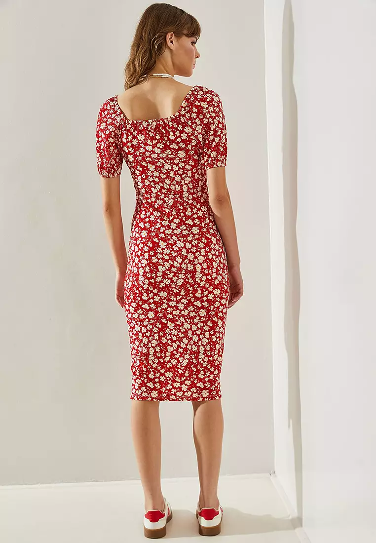 Women's Tie-Front Watermelon Sleeve Daisy Patterned Slit Detailed Dress 60251371