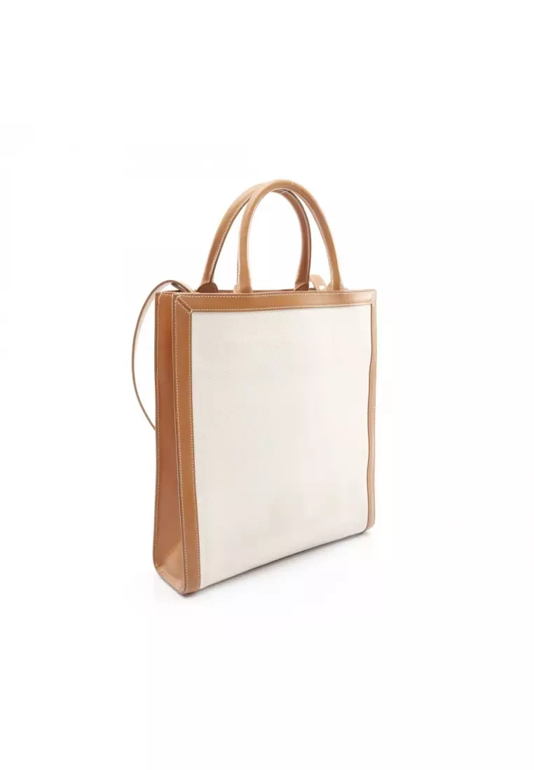 Pre-Loved Celine Small Vertical Hippopotamus Handbag tote bag canvas leather off white light brown 2WAY