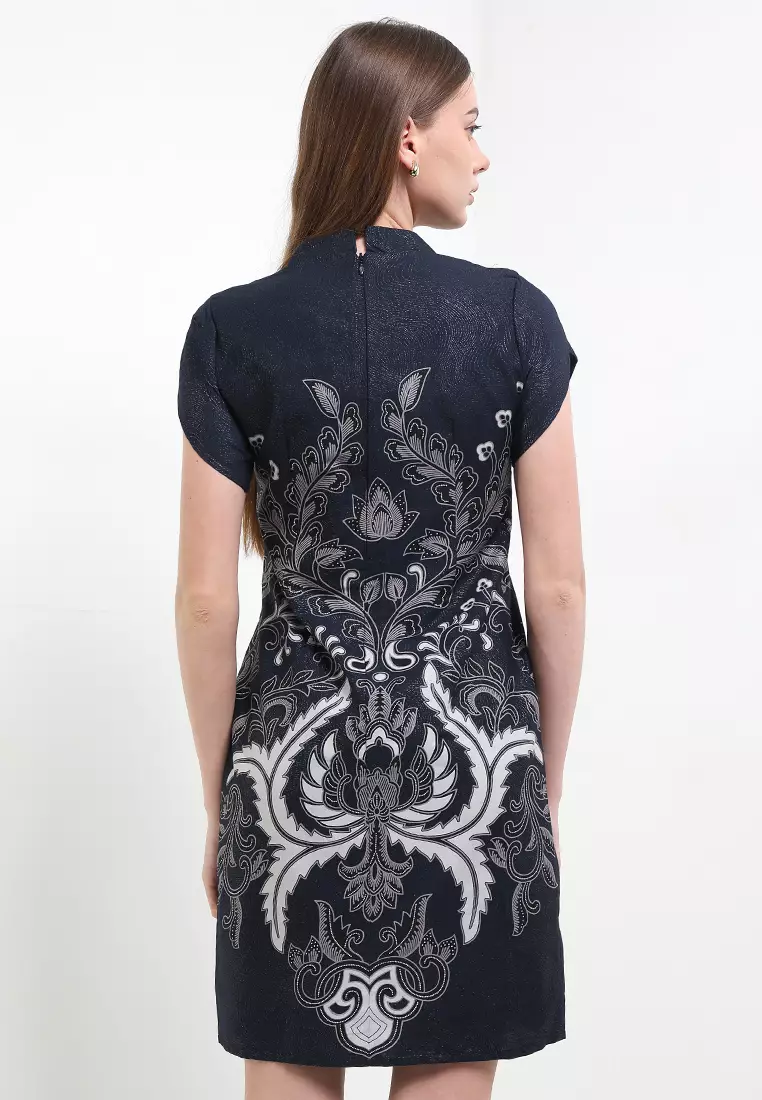 Dress Wanita Bodyfit Batik Furing Lining Dress Ferazella New Navy
