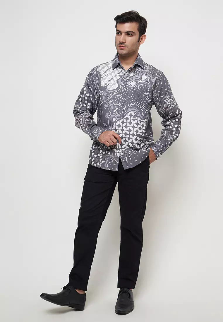 Slimfit Esta Grey Kemeja Batik Pria Lengan Panjang